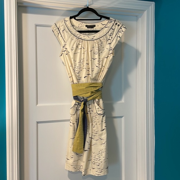 Vintage BCBG BLUE CREAM BIRD PRINT BELTED DRESS SIZE SMALL Kimono style belt - Picture 9 of 14